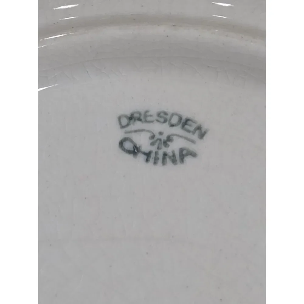 Antique Dresden China Green Border Floral Cabbage Rose Bowl 9 Inch
